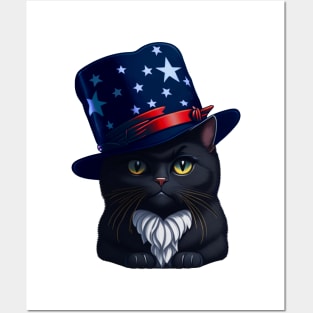 4th of July Patriotic Black Cat wearing American Hat Posters and Art